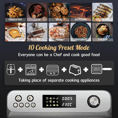 24L Air Fryer Oven with Rotisserie – 1800W XXL Digital Convection Toaster Oven, 10-in-1 Airfryer with Accessories, Stainless Steel