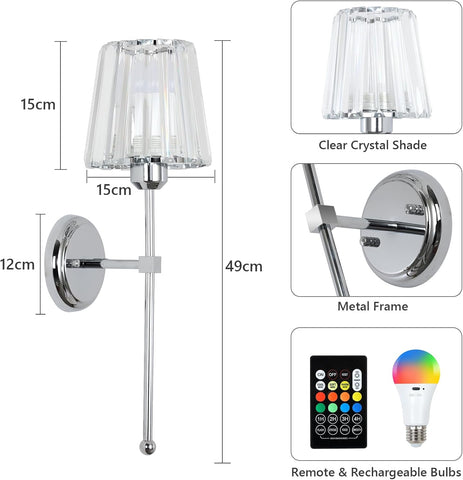 Battery Operated Crystal Wall Lights Set of 2 with Remote USB Rechargeable