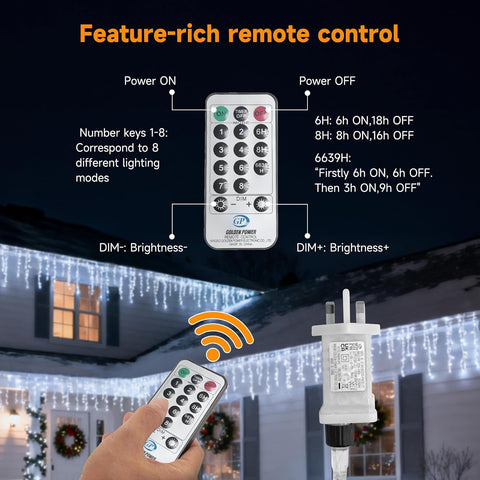 WOWDSGN 430 LED Icicle Lights Outdoor 14M Cool White Christmas Lights – 8 Modes, Timer & IP44 Waterproof Drops for Roofs, Gardens & Windows - Turn Your Home Into a Winter Wonderland