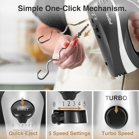 VonShef Hand Mixer Electric Whisk 300W – 5 Speed Food Mixer with Turbo Boost – Black