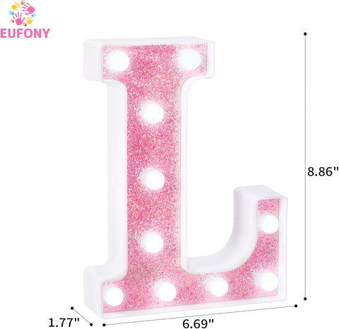 Pink Glitter Marquee Light Up Letters, Battery Operated LED Letter Lights Signs for Pink Birthday Party Table Decorations, Wall Decor for Girls Bedroom, Initial Letter L with Cool White Lights