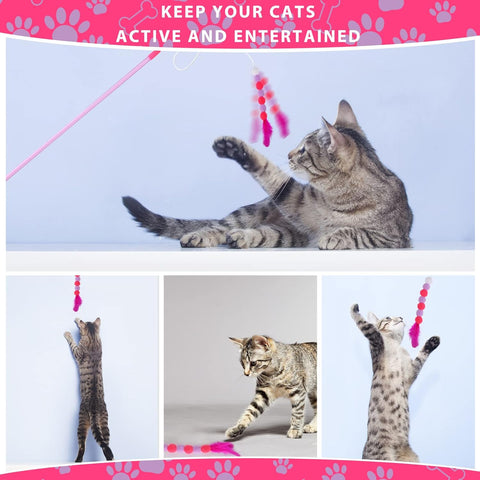Cobee Cat Feather Toys - Soft Wand with Bell Pompom, Interactive Cat Teaser for Indoor Kittens Pink