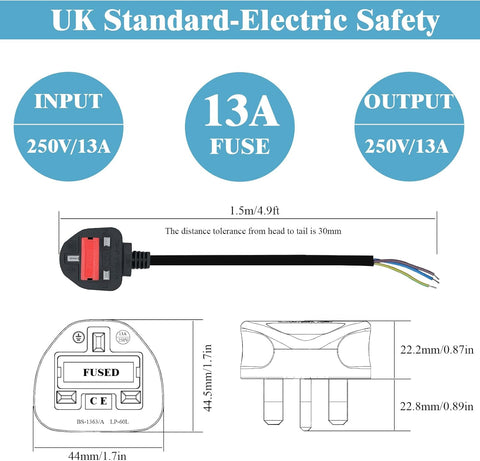 13A 3 Pin Plug Power Cable 1.5m 3 Core Fused