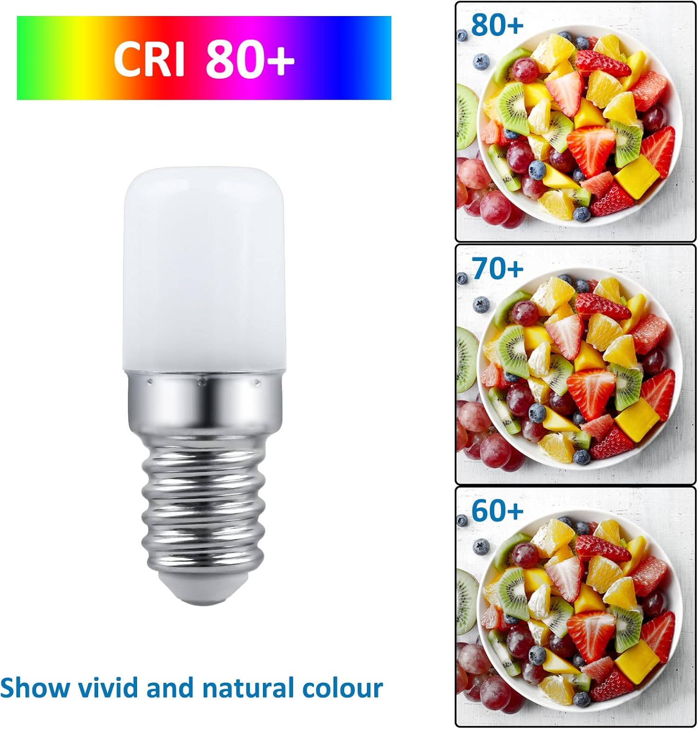 LED light bulb with color rendering index (CRI) 80+ displayed above images of fruits.