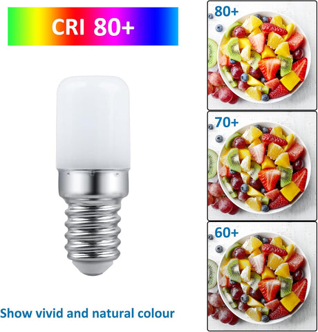 LED light bulb with color rendering index (CRI) 80+ displayed above images of fruits.