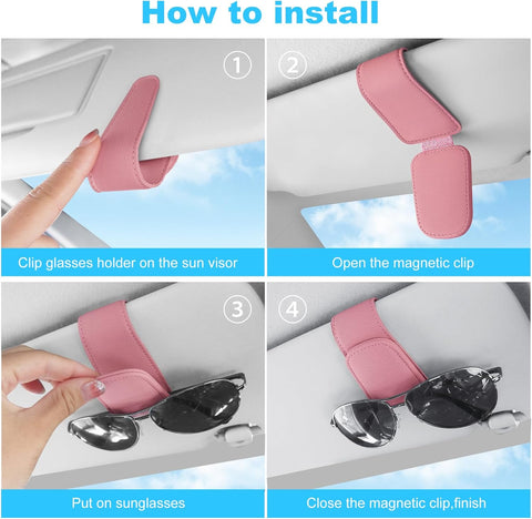 Car Magnetic Leather Sunglasses Holder for Visor (Pink)