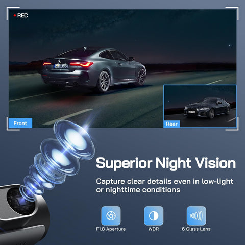 WOLFANG 4K Front & Rear Dash Cam with WiFi, Night Vision, Black
