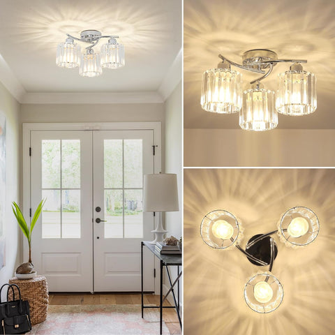 Ceiling light fixture in a room with a door and lamp, close-up of light bulbs on a wall.