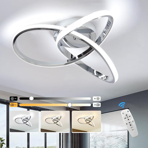 Modern ceiling light fixture with remote control and dimmer options displayed.
