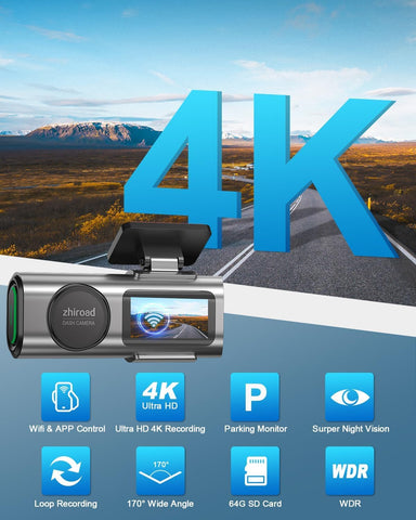 4K UHD Front Dash Cam with WiFi, 64GB SD Card & Night Vision