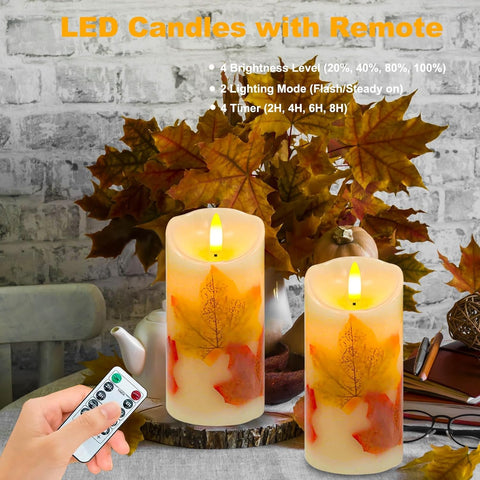 Flameless Pillar Candle Light Set of 2, 6x3 Inch Flickering Real Wax LED Candles with Remote and Timer, Battery Operated, Maple Leaf Design