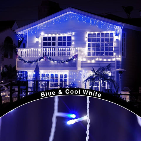 ANSIO® 320 LED Icicle Christmas Lights 11m/35ft – Blue & Cool White Outdoor & Indoor String Lights with 8 Modes, Timer & IP44 - Turn Your Home Into a Wintery Glow