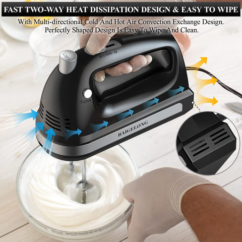 Hand Electric Mixer 300W – 5 Speeds + Turbo Boost, 5 Stainless Steel Attachments, Handheld Blender for Baking – Black