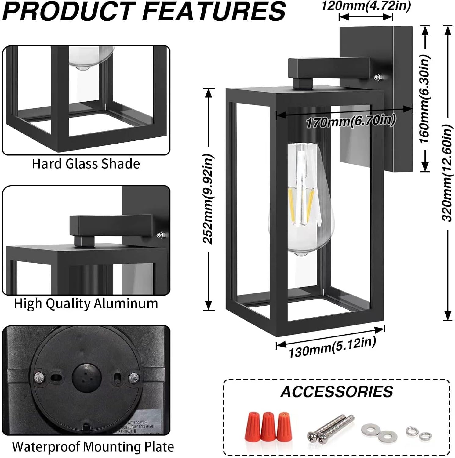 Black wall-mounted light fixture with measurements and features listed.