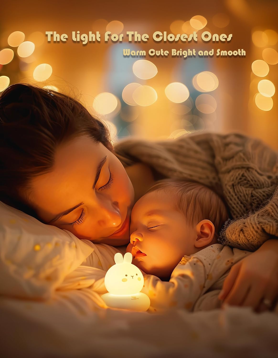 Woman and child lying down with a glowing night light, surrounded by warm bokeh lights.
