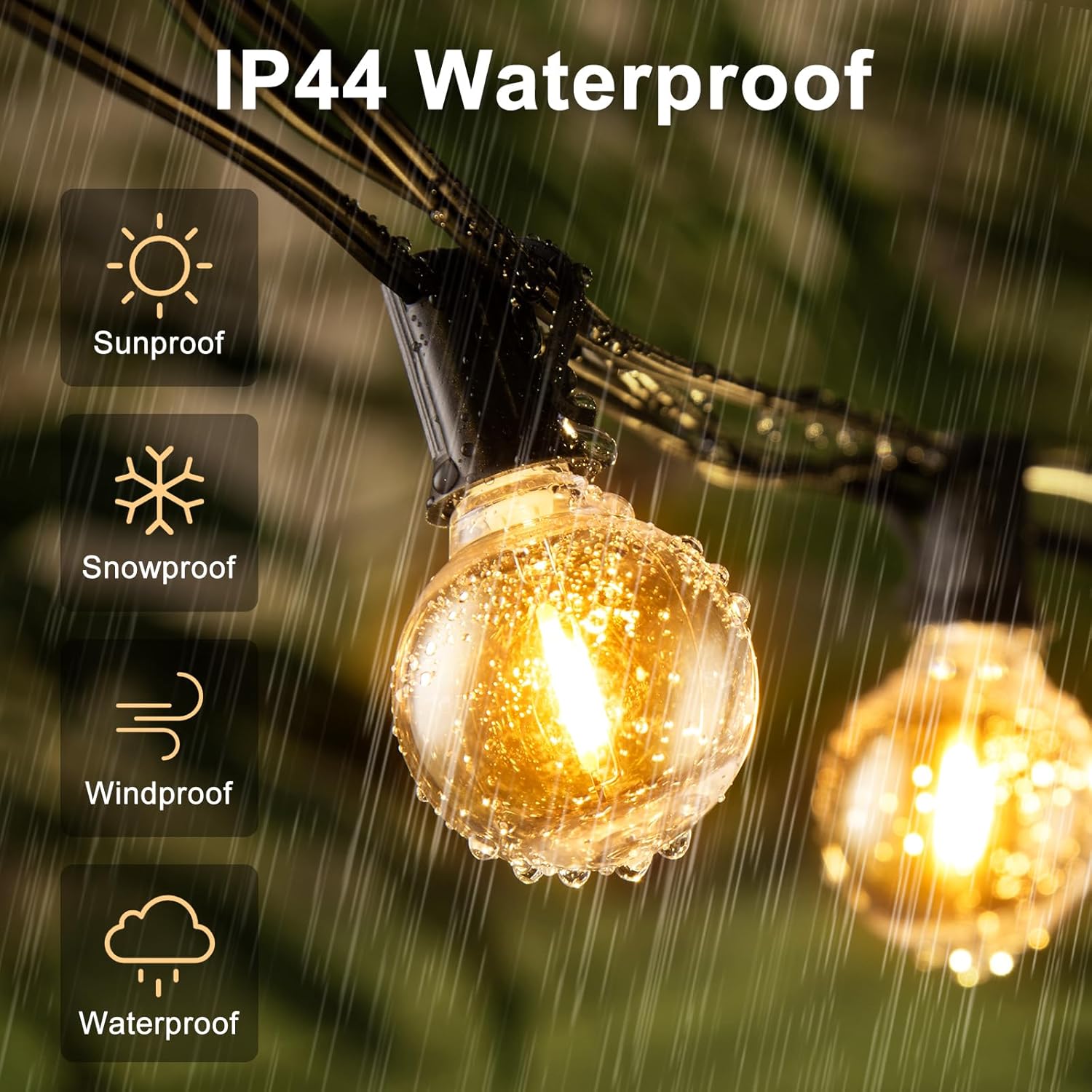 String lights with IP44 waterproof rating in a rain shower, featuring sunproof, snowproof, windproof, and waterproof icons.
