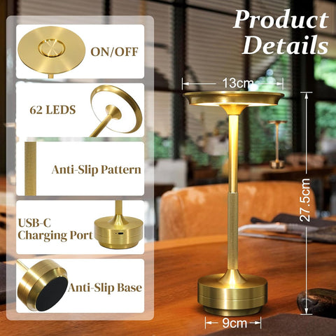 Rechargeable Gold Table Lamp, 5200mAh Cordless Touch Dimmable LED Lamp with 3 Colour Temperatures, USB-C Rechargeable, IPX4 Splash-Resistant for Bedroom, Dining Table & Covered Patio