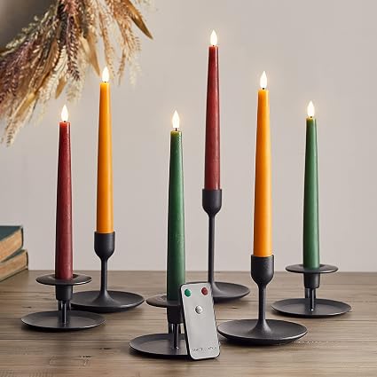 Set of 6 Autumnal Taper Candles – LED Flameless Real Wax with Remote