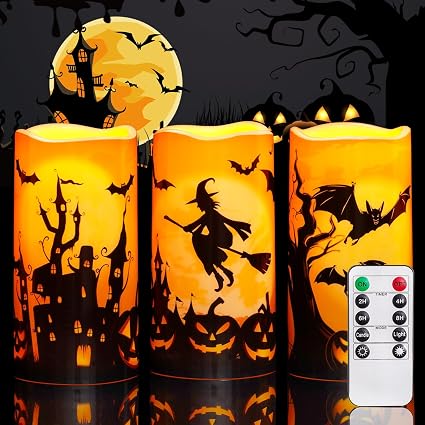 3 Pack Orange Flameless LED Candles with Remote – Waterproof Flickering Pillar Candles for Autumn, Halloween & Outdoor Décor
