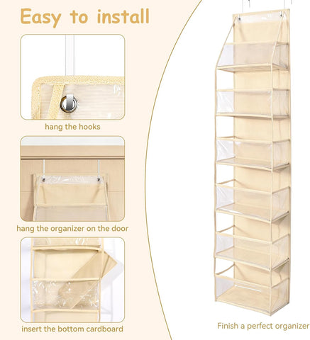 MOFASVIGI Over Door Storage Organiser, Beige – 6 Large Pockets with Clear PVC Windows for Space-Saving Home Organisation
