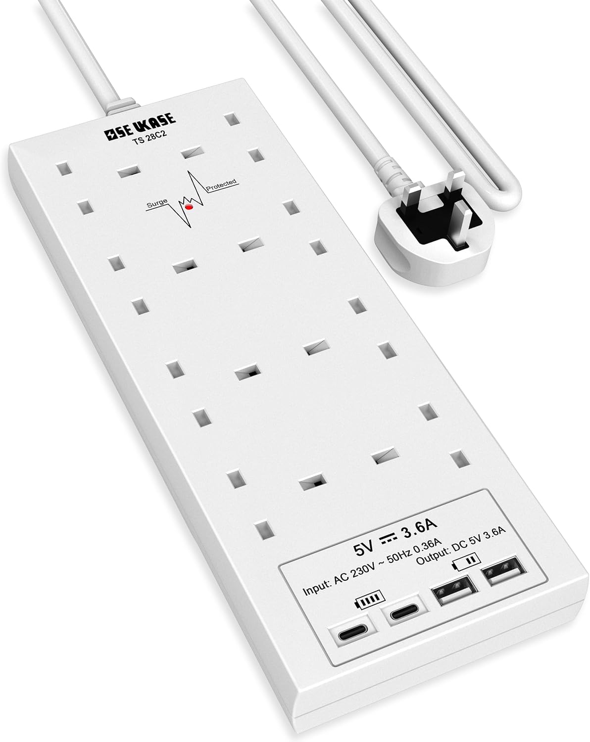 8 Way Extension Lead with 4 USB Ports (2 USB-C + 2 USB-A), 2m Cable & 1200J Surge Protection, 2990W White Power Strip – Bring Order to Your Busy Charging Corner
