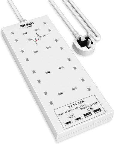 8 Way Extension Lead with 4 USB Ports (2 USB-C + 2 USB-A), 2m Cable & 1200J Surge Protection, 2990W White Power Strip – Bring Order to Your Busy Charging Corner