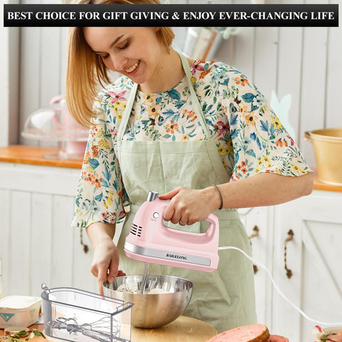 300W Hand Electric Mixer – 5 Speeds + Turbo, 5 Stainless Steel Attachments, Pink, Ultra Power Kitchen Baking Blender