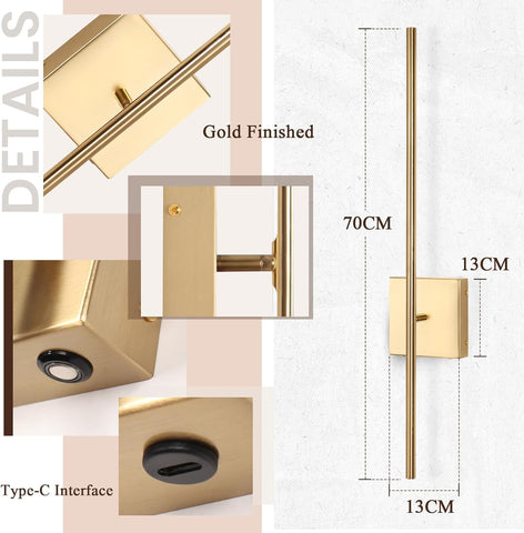 Battery Operated Wall Lights Indoor – 2 Pack USB Rechargeable LED Wall Lamps with Remote, Dimmable Gold Modern Wall Sconces