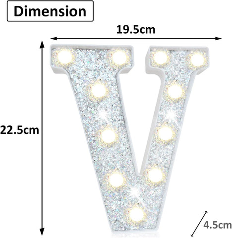 LED Marquee Letter Lights, Light Up Silver Letters for Bedroom Glitter Gifts Teenage Girls Alphabet Sign Battery Powered Night Birthday Party Wedding Home Decoration, Silver V