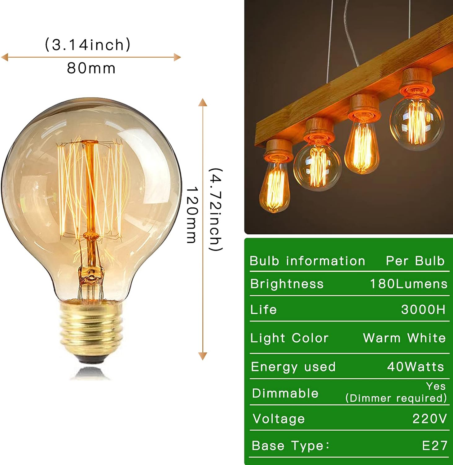 Edison bulb with dimensions and a lifestyle image of multiple bulbs on a wooden fixture.