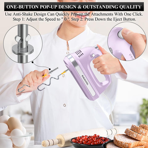 Hand Electric Mixer 300W – 5-Speed Handheld Blender with Turbo & 5 Stainless Steel Attachments for Baking – Purple