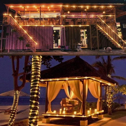 Decorative gazebo with string lights on a beach at night