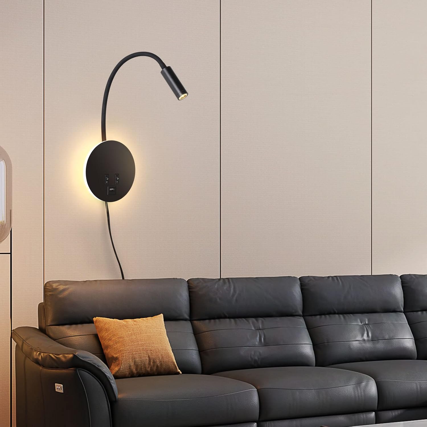 Glowing black lamp with adjustable neck and power cord, featuring a smartphone displaying a battery icon.