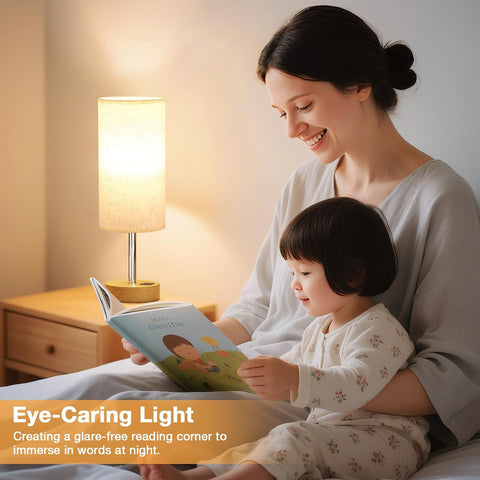 Aooshine Bedside Lamp with Touch Control, 3-Way Dimmable LED Bulb, USB-A & Type-C Charging Ports – Off White Linen Table Lamp for Bedroom, Living Room & Desk