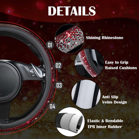 Bling Diamond Leather Steering Wheel Cover Red Silver
