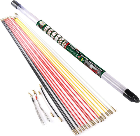 Super Pro 16M Cable Access Rod Set 17Pc Attachments Electrical Wire Puller Fish Tape Kit – 16 x 1M Fibreglass Rods With Storage Case