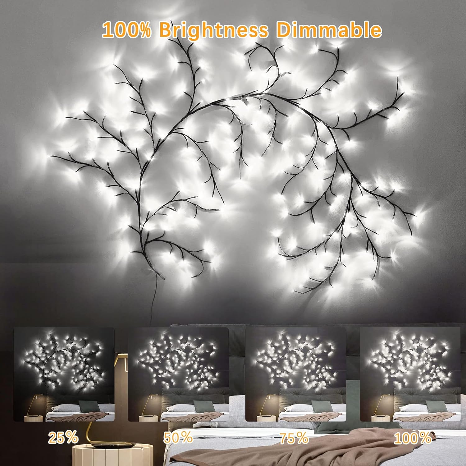 Decorative light fixture with branches on a wall, showing brightness levels.