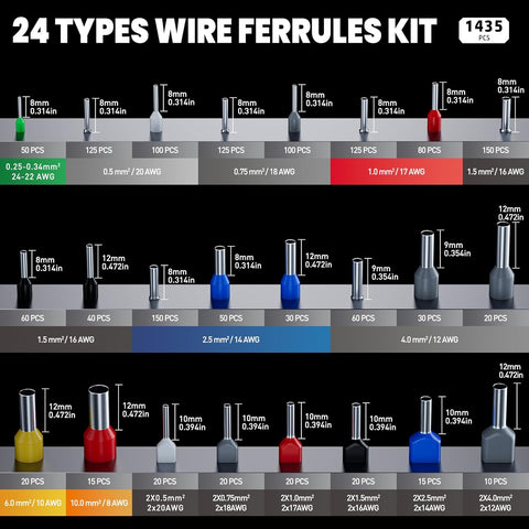 Ferrule Crimping Tool Kit, Hexagon Pliers AWG28-7, 24 Sizes Ferrules(AWG24-8) & Wire Stripper for Electrical Wiring/DIY Terminals | Self-Adjusting Ratchet Crimper - Copper Ferrule Kit