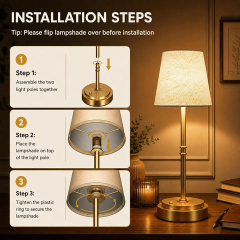 Rechargeable Cordless Table Lamp, 6000mAh Dimmable LED Bedside Lamp, Gold Metal & Linen Shade, 3000K Warm White