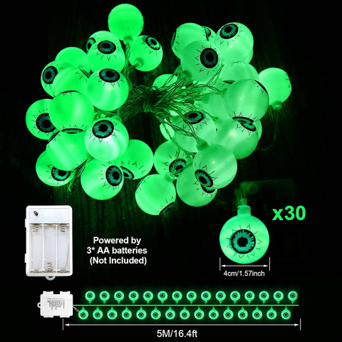 5M 30 LED Halloween Eyeball String Lights – Battery Powered Green Outdoor Halloween Decorations with 8 Lighting Modes for Garden, Porch, Fence & Parties