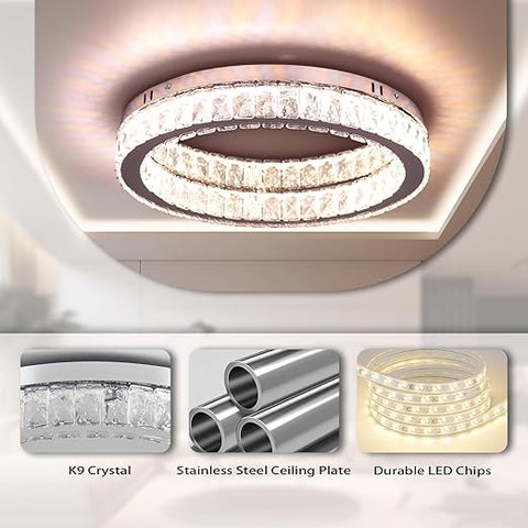Dimmable Crystal Ceiling Light 48W LED Chandelier with Remote & APP Control - Rectangle K9 Crystal Design