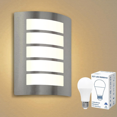 Wall-mounted light fixture with a LED bulb and packaging on a beige background