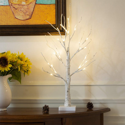 White Christmas Tree with Lights Mini Birch Twig Tabletop Decoration 60cm