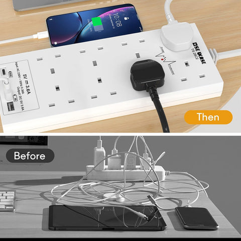 8 Way Extension Lead with 4 USB Ports (2 USB-C + 2 USB-A), 2m Cable & 1200J Surge Protection, 2990W White Power Strip – Bring Order to Your Busy Charging Corner