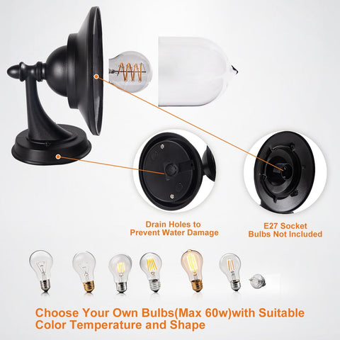 EBION Outdoor Coach Lantern Wall Lights 2 Pack – Vintage Black E27 Wall Lanterns with IP44 Water Resistance for Front Doors, Porches, Patios & Garages