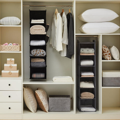 YOUDENOVA Hanging Wardrobe Organiser, 6 Shelves with Side Pockets, Grey – Make Every Shelf Count