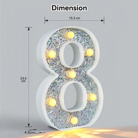 Silver Glitter LED Number Light – 8.86 Inch Marquee Number 8