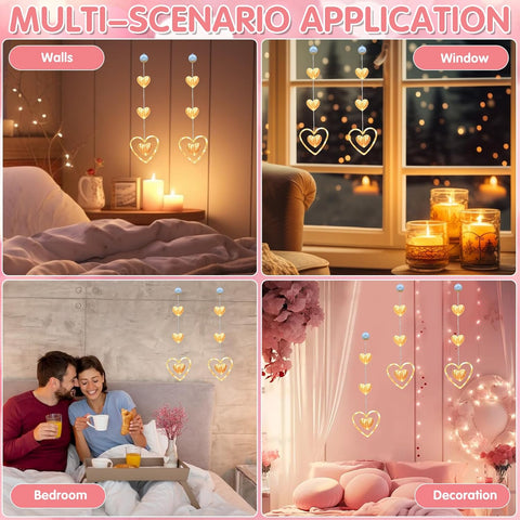 3Pcs LED Heart Shaped Fairy Lights, Battery Powered Valentine Window Lights with Suction Cups, Love Heart Hanging Curtain Lights for Window, Door & Home Decor