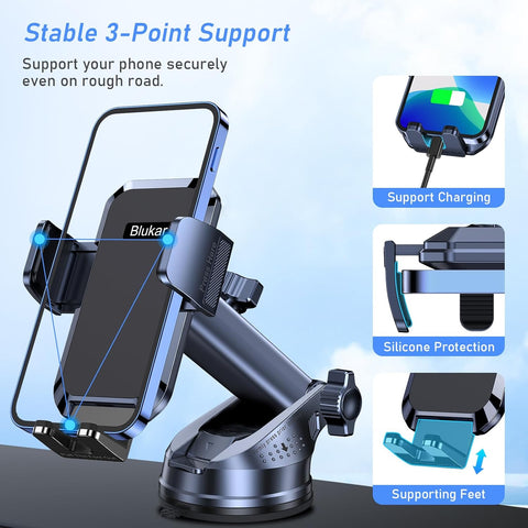 Blukar Black Car Phone Holder 360° Adjustable Mount with Strong Suction & One-Touch Release