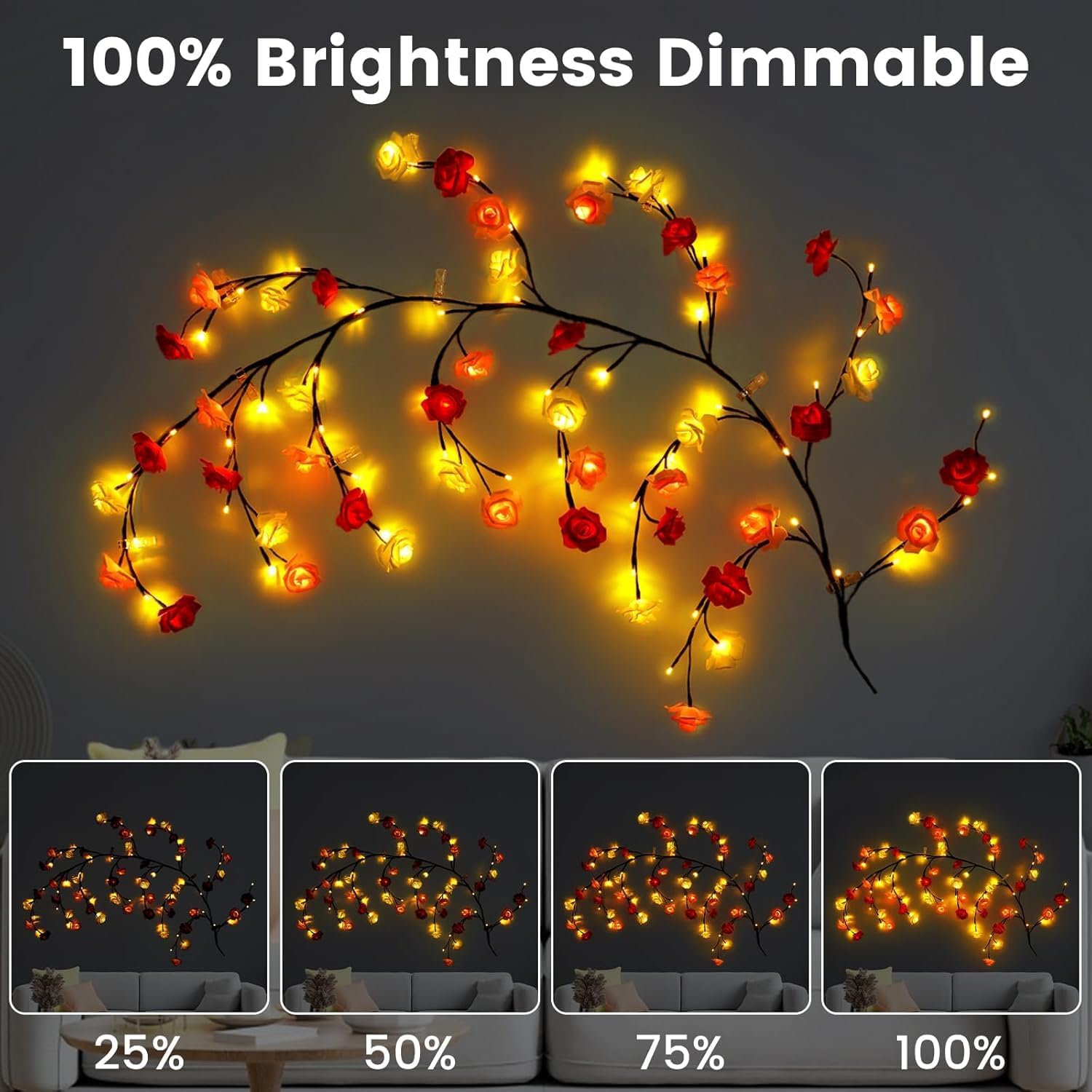 Decorative string lights with 100% brightness dimmable feature on a dark background.